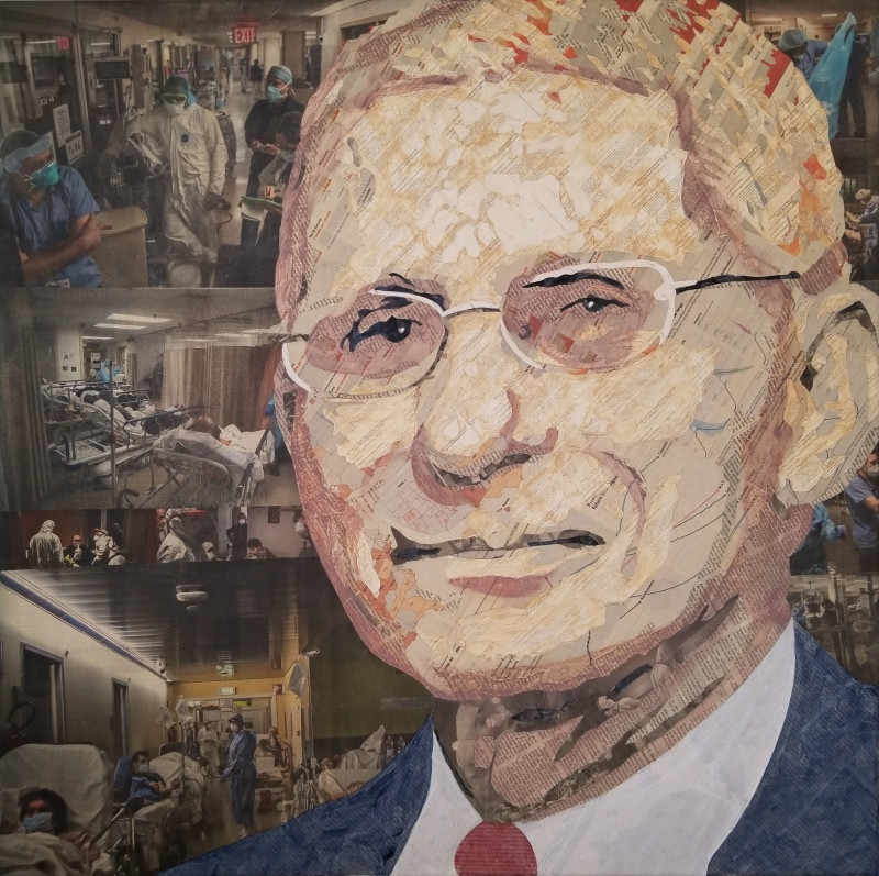 <strong>Geoffrey Stein, </strong><em>The Brad Pitt of Science, Dr. Anthony Fauci – Speaking Truth to Power</em>, 2020. Collage Material from the CDC and The New York Times, Acrylic, Gesso and Pencil on Canvas.