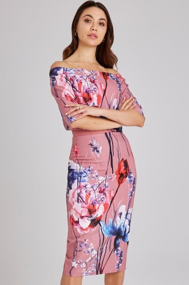 Elva Floral-Print Bardot Midi Dress