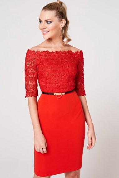 Anika Tomato Crochet Belted Bardot Dress
