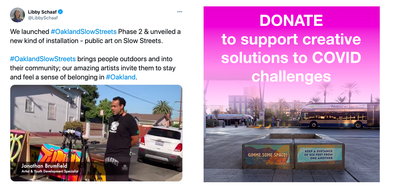 graphic of the mayor of Oakland tweeting about Slow Streets and our arts + transportation project