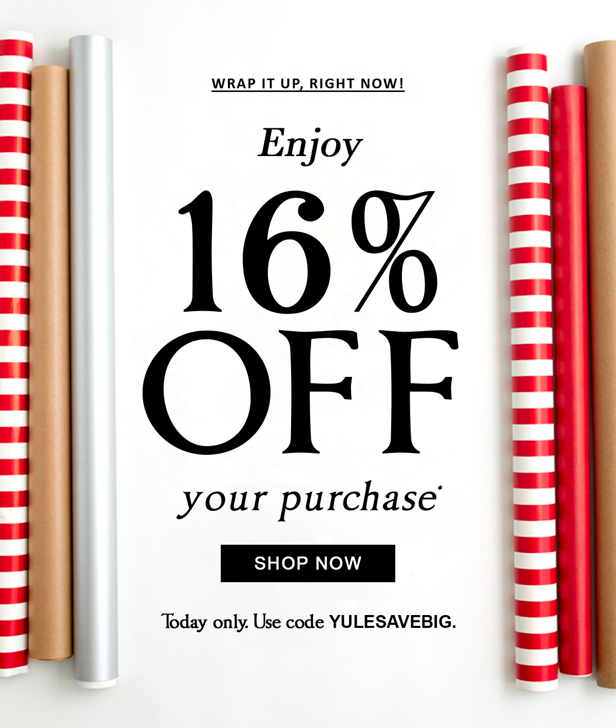 Wrap it up, right now! Enjoy 16% off your purchase* Shop Now Today only. Use code YULESAVEBIG.