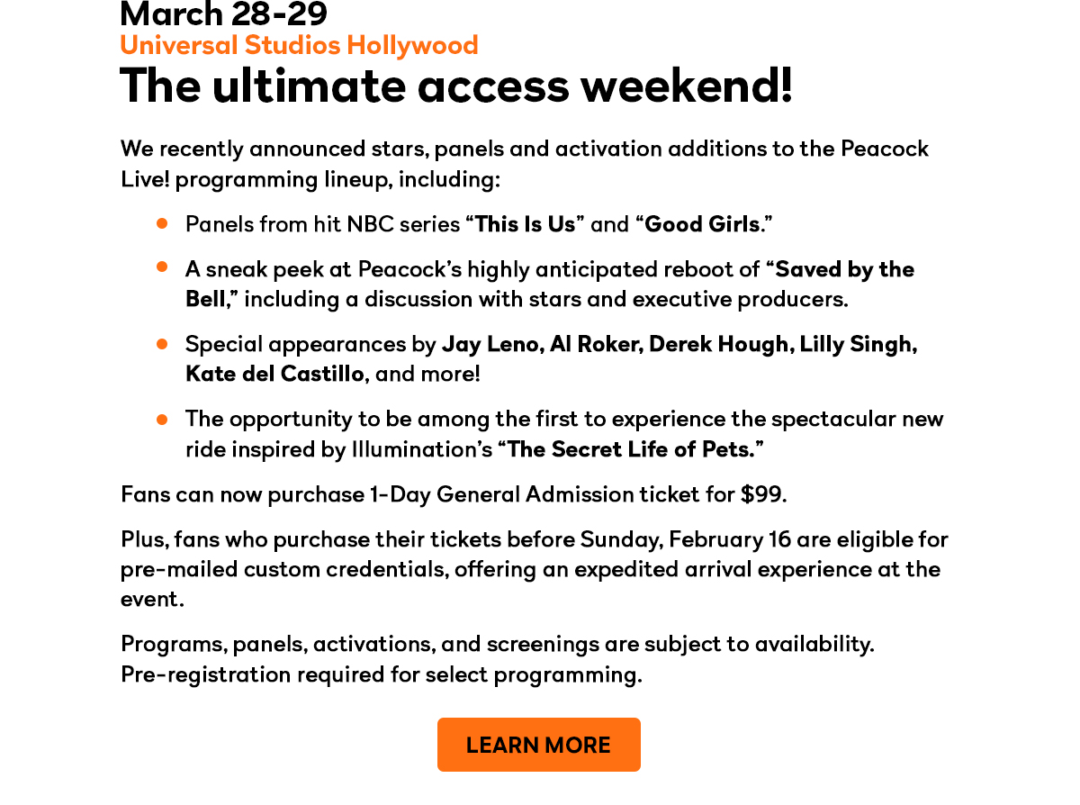Peacock Live! at Universal Studios Hollywood March 28-29 - The ultimate access weekend!