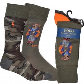 2-Pack Sports Jacket Bear & Camo Flat-Knit Socks, Khaki/orange
