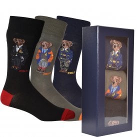 3-Pack Multi Bears Flat-Knit Socks Gift Box, Black/Khaki/Royal