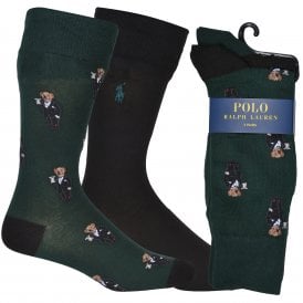 2-Pack Tuxedo Martini Bears Flat-Knit Socks, Green/Black