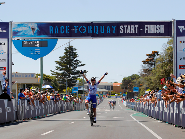 Brodie Chapman crossing the Race Torquay finish line