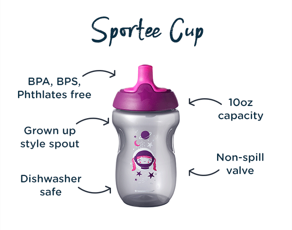 Sportee Cup. BPA, BPS, Phthlates free, Grown up style spout, Dishwasher safe, 10oz capacity, Non-spill valve