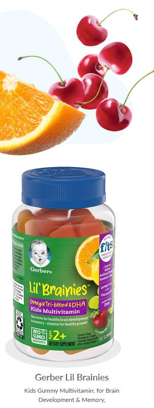 Gerber Lil Brainies Kids Gummy Multivitamin: Omega 3, 6 & 9 from chia Seed Oil, Plant-Based DHA and Choline for Brain Development & Memory, Non-GMO, Gluten-Free, 60 Count Pack of 2