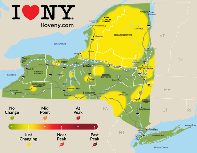 A map of New York State featuring colors denoting fall foliage, with mostly green and yellow to signify changing colors in several regions, including the Adirondacks, Catskills, Central New York and Hudson Valley
