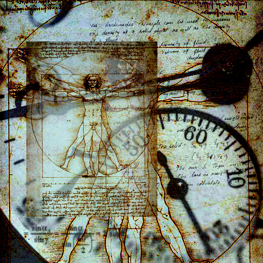 Da Vinci''s Vitruvian Man in composite with an old clock
