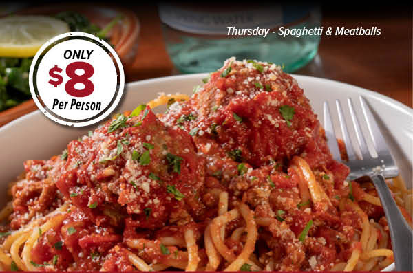 Thursday Spaghetti & Meatballs Family Meal Deal - $8 per person. Click to order