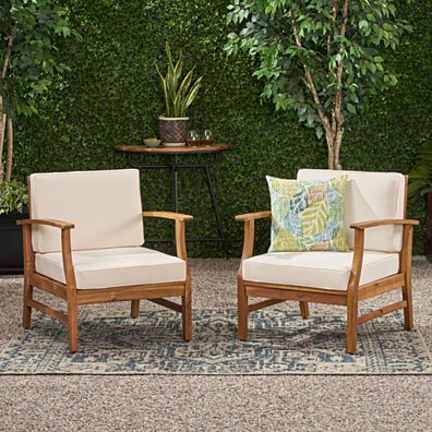 Pearl Outdoor Teak Finished Acacia Wood Club Chairs with Water Resistant Cushion