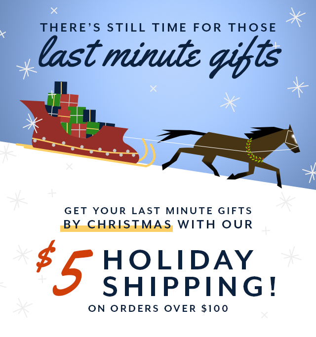 Get you gifts in time for Christmas with our $5 Holiday Shopping! Valid on orders over $100.