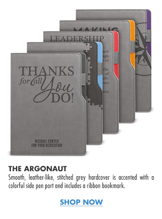 The ARGONAUT Smooth, leather-like, stitched grey hardcover is accented with a colorful side pen port and includes a ribbon bookmark.  SHOP NOW