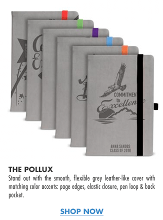 The Pollux Stand out with the smooth, flexible grey leather-like cover with matching color accents: page edges, elastic closure, pen loop & back pocket.  SHOP NOW