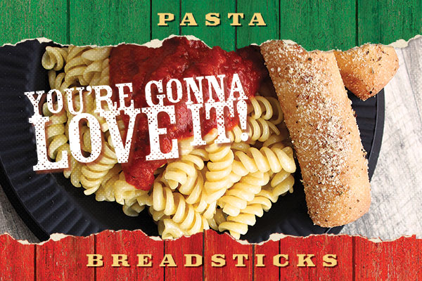 Try our new pasta and breadsticks on the Pizza Ranch buffet!