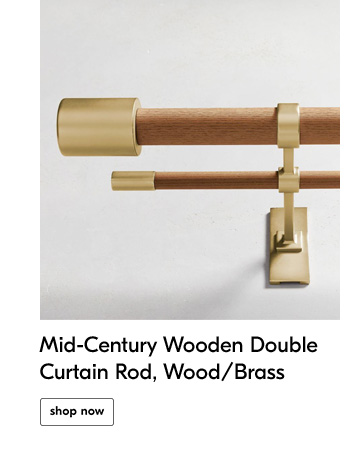 Mid-Century Wooden Double Curtain Rod, Wood/Brass