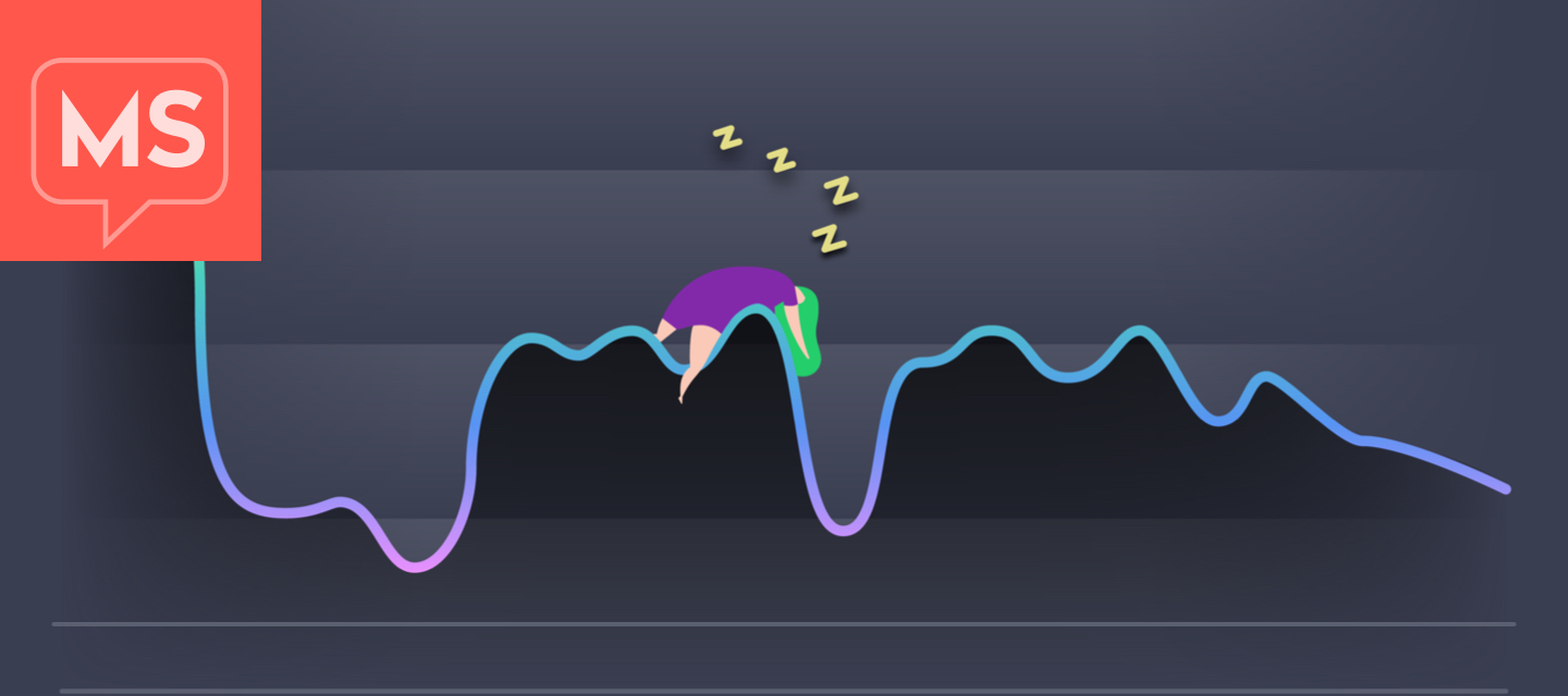 A line graph symbolizing the ups and downs a person with MS can experience. There is a woman sleeping on one of the slopes.