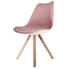 Eiffel Inspired Blush Pink Plastic Dining Chair with Square Pyramid Light Wood Legs