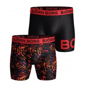2-Pack Animal Print & Logo Boys Performance Boxer Trunks, Black/red