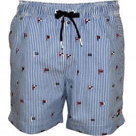 Flag Embroidery Stripes Seersucker Swim Shorts, Blue