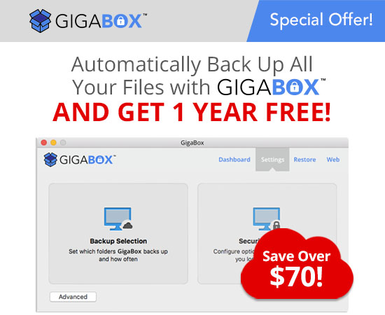 Automatically Back Up All Your Files with
GigaBox AND GET 1 YEAR FREE!