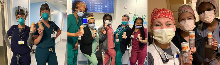 Three photos of New York City front line healthcare workers with masks, holding cans of RISE coffee..