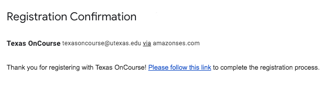 Texas OnCourse Academy registration confirmation email screenshot