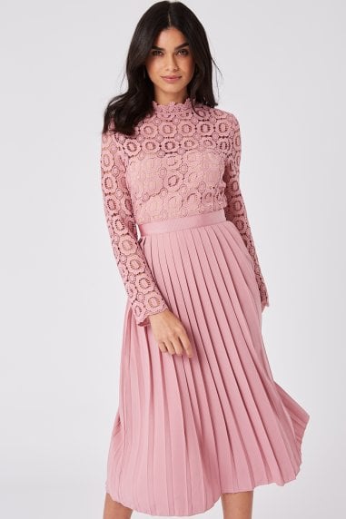 Alice Pink Crochet Top Midaxi Dress With Pleated Skirt