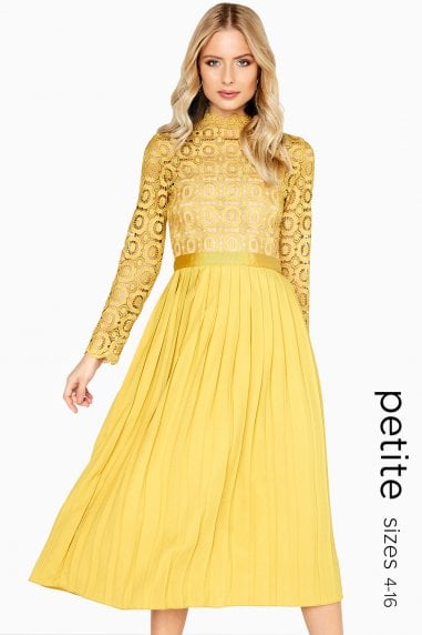 Alice Mustard Crochet Top Midaxi Dress With Pleated Skirt