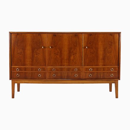 Image of Danish Mahogany Burr Sideboard with Brass Handles, 1950s