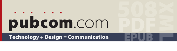 Banner: PubCom.com, Technology plus Design = Communication