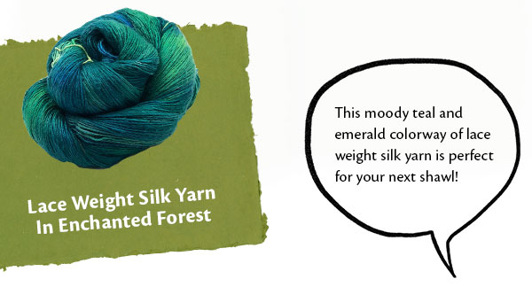 Lace Weight Silk Yarn in Enchanted Forest. This moody teal and emerald colorway of lace weight silk yarn is perfect for your next shawl!