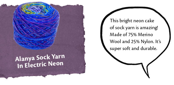 Alanya Sock Yarn in Electric Neon. This bright neon cake of sock yarn is amazing! Made of 75% Merino Wool and 25% Nylon. It''s super soft and durable.
