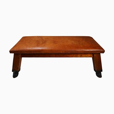 Image of Wooden Patinated Leather Gym Bench or Table, 1950s