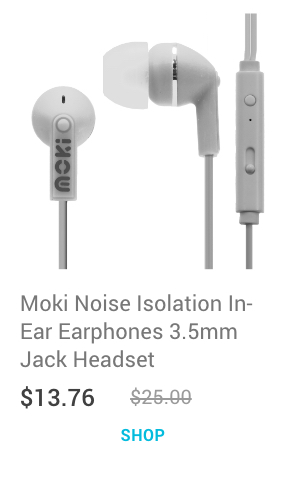 Moki Noise Isolation In-Ear Earphones 3.5mm Jack Headset/Mic/Volume Control WHT