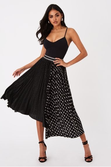 Charity Black Polka-Dot Asymmetric Pleated Midi Skirt