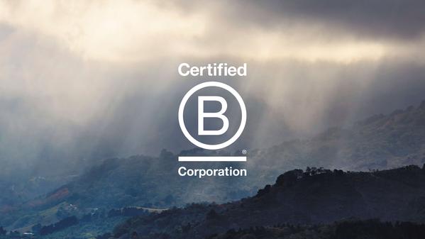 A Colombia landscape shot with the B Corp logo overlaid
