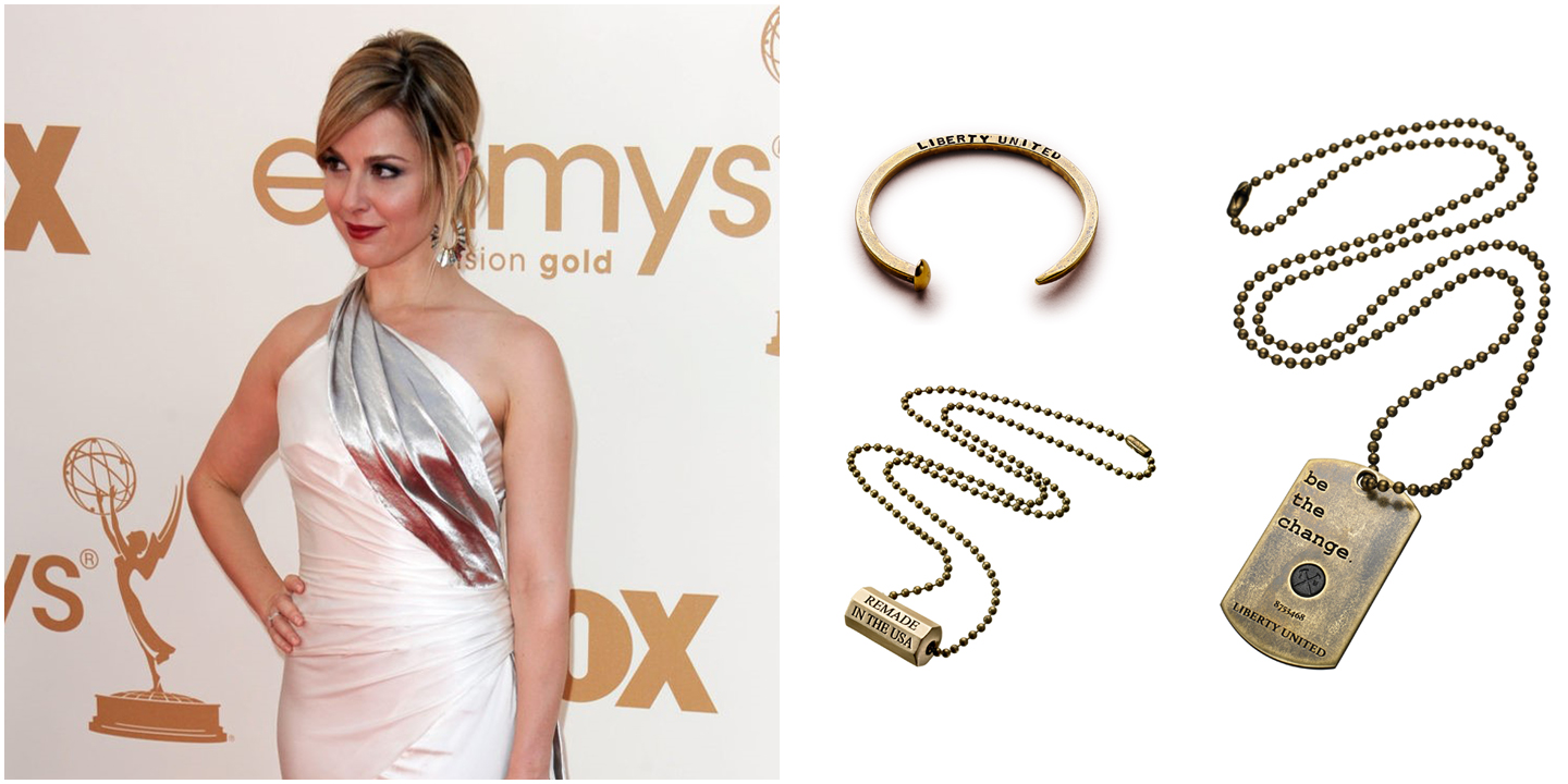 On the left, Cara Buono walks the red carpet at the Emmy Awards wearing a stylish gown and jewlery crafted from illegal guns. On the right, a collection of jewlery from Liberty United, including two necklaces and their signature railroad cuff.