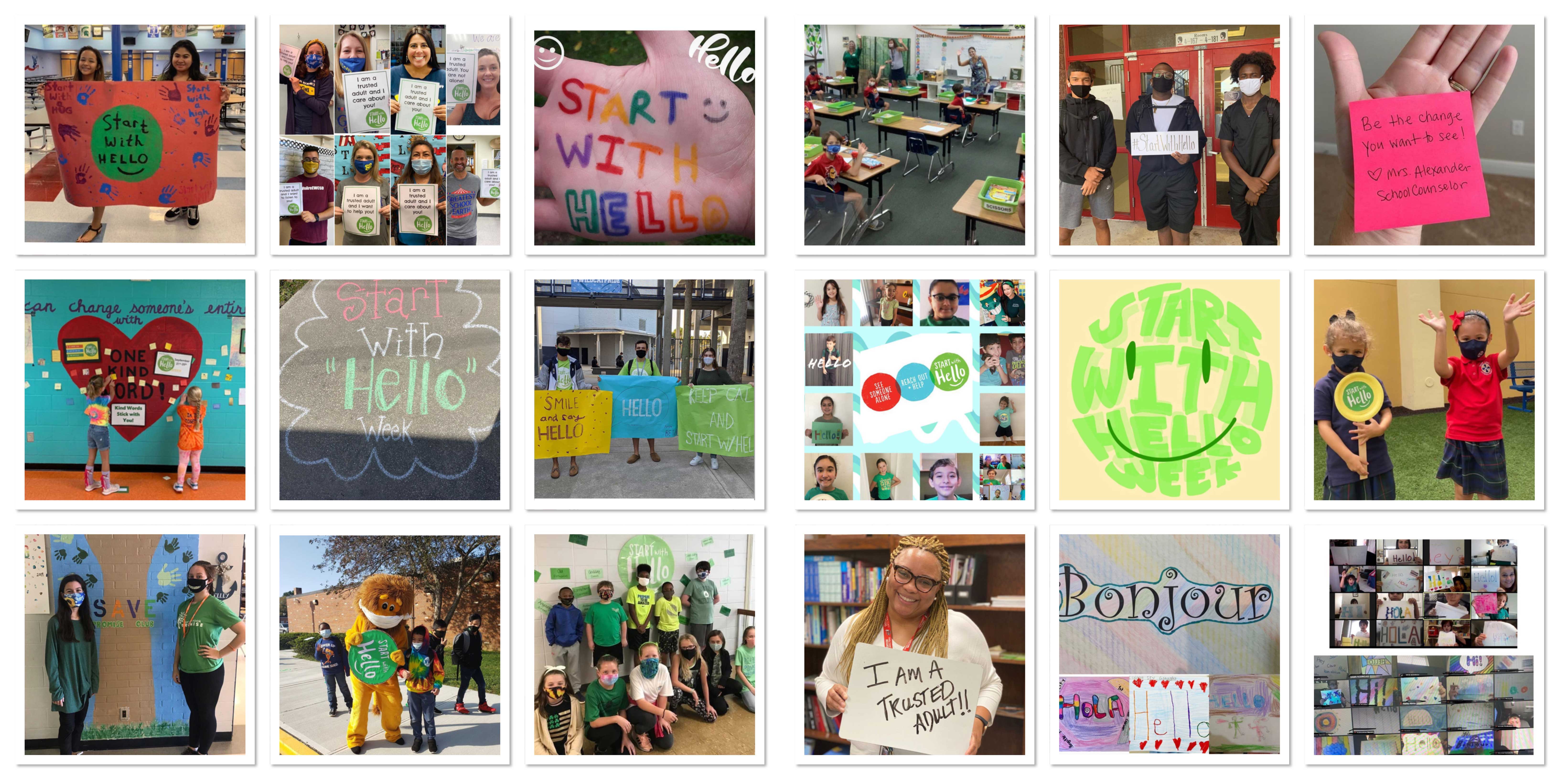A collage of photos from social media posts from enthusiastic participants in ''Start With Hello'' week.