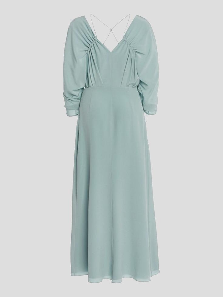 Image of Ruched Sleeve V-Neck Midi Dress