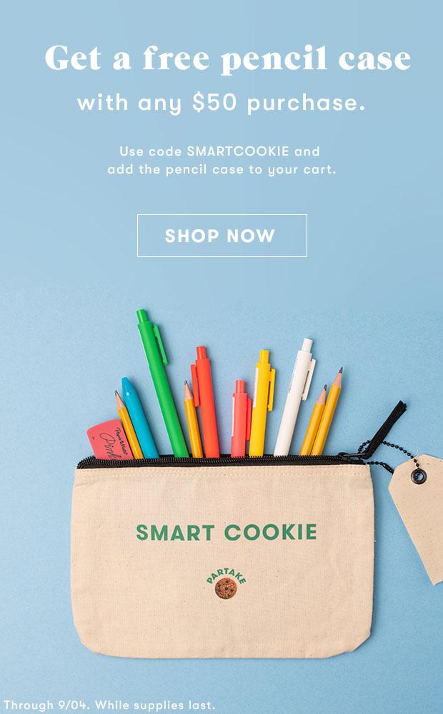 Free pencil case with any $50 partake order. Use code smartcookie