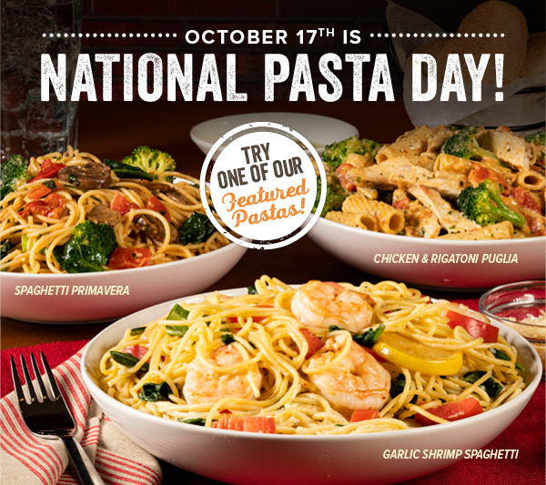 Celebrate National Pasta day with $10 off any 2 pasta dishes - today only