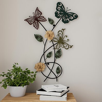 Garden Butterfly Metal Wall Art- Hand Painted Decorative 3D Butterflies/Flowers