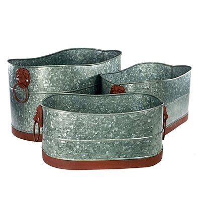 Metal Tubs with Lion Head Ring Handles, Gray and Brown, Set of 3