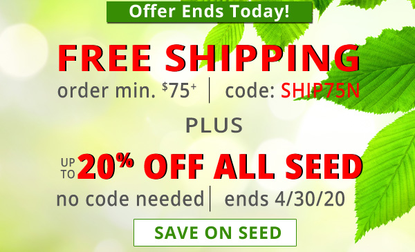 Free Shipping for Orders Over $75. Use Promo Code SHIP75N in Your Shopping Cart. Plus, Enjoy up to 20% Off Bird Seed. No Code Needed. While Supplies Last. Sale Ends 4/30/20.