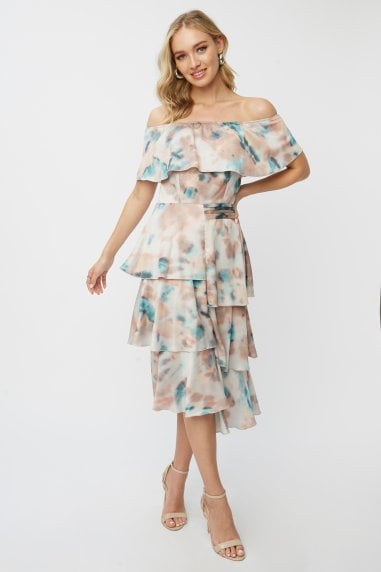Mishka Agate-Print Tiered Bardot Midi Dress