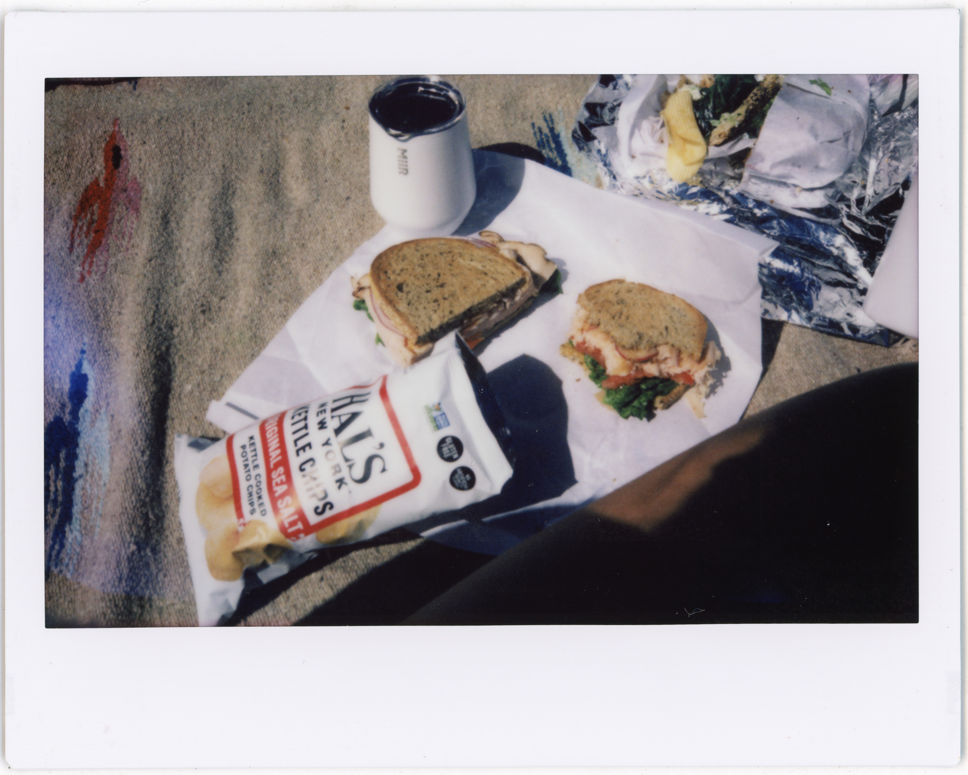 MiiR 10oz Wine Tumbler on picnic blanket next to chips and sandwich.