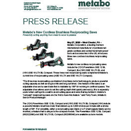 Press Release: New Cordless Brushless Recip Saws