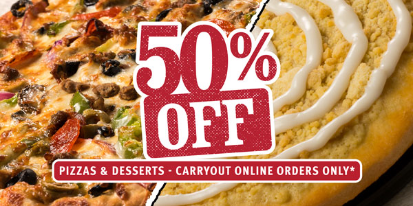 Get 50% Off all regular-priced pizzas and desserts placed through Pizza Ranch Online Ordering for a limited time only. Carryout only.